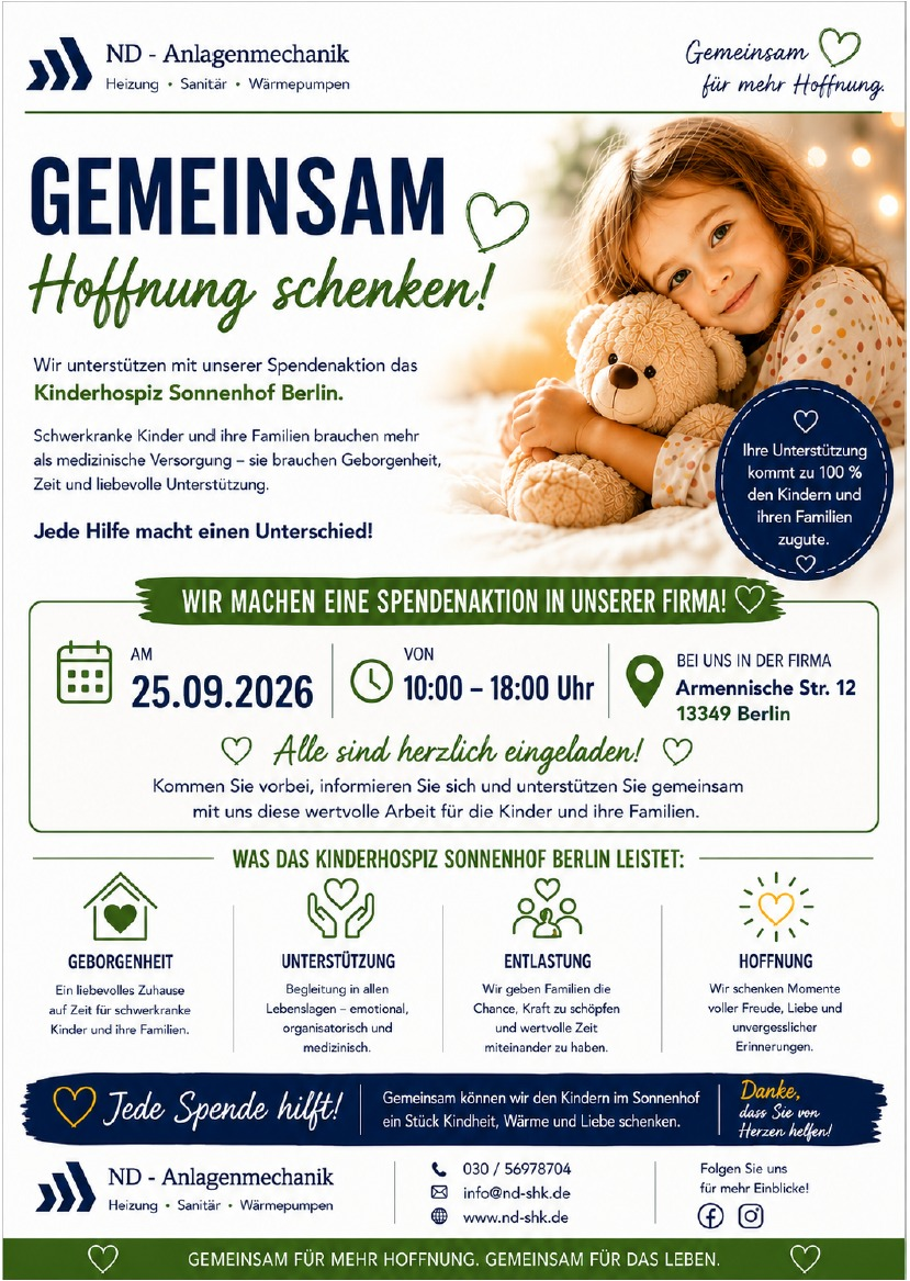Flyer: Gemeinsam Hoffnung schenken – Spendenaktion für das Kinderhospiz Sonnenhof Berlin